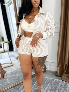 Women's H713 Cross-Border European Summer Casual Chic Lightweight Blazer Shirt Matching Set, Striped Long Sleeve Top & Shorts, Fashionable Office Wear