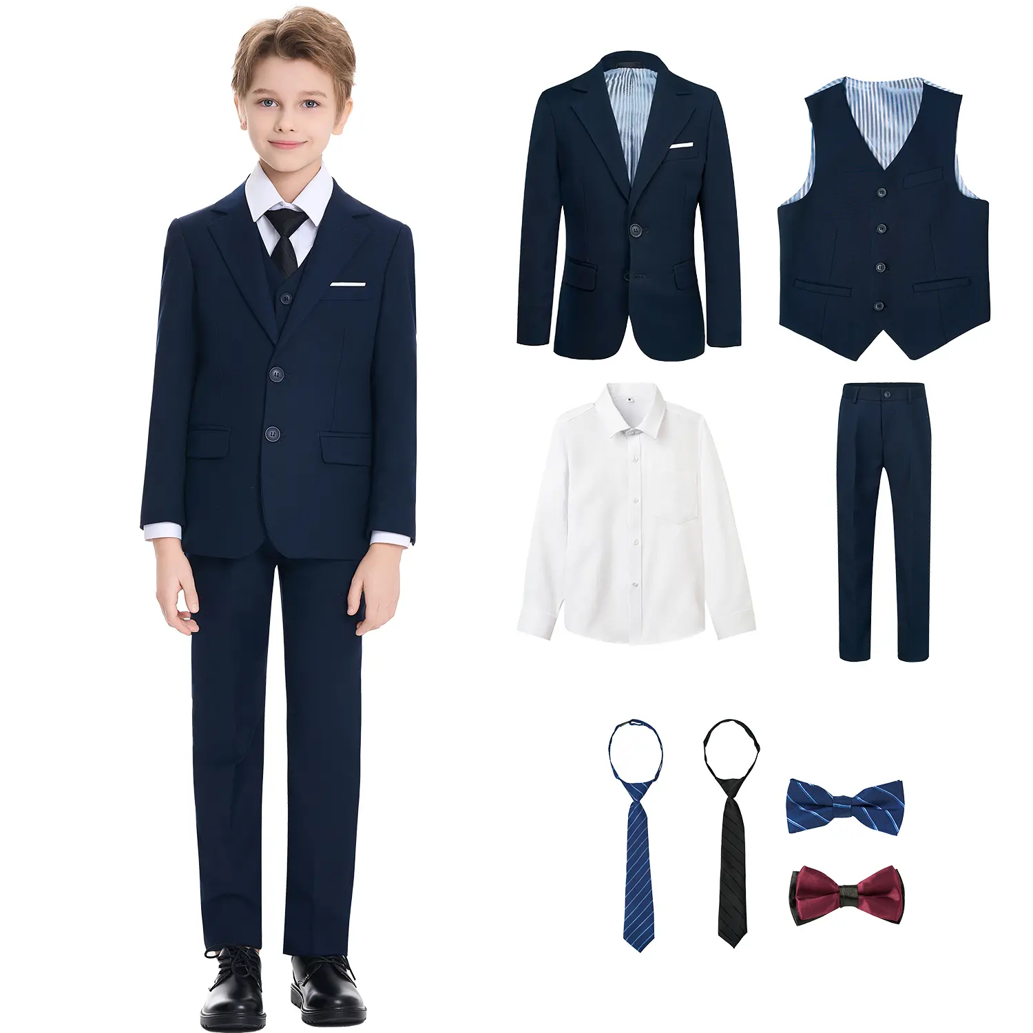 8 Piece Boys Suit Set-Size 2 to Size 20, Formal Slim Fit Boys Suit, Gift for Boys, Toddler, Teenage, Kid, Young Adult, Wedding, Graduation, Churches