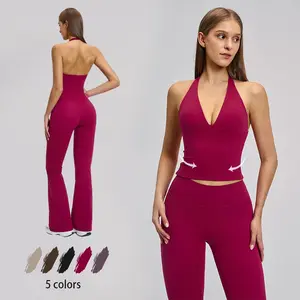 NVWA Mother's Day Gifts Women's 2-Piece Athleisure Workout Set - Sleeveless Deep V Backless Tank Top & High-Waisted Flared Pants, Skin-Friendly Breathable Summer Sportswear, Suitable for Gym & Yoga
