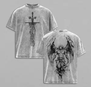 Vintage Washed Short Sleeve T-shirt Saint Michael The Archangel x Flaming Sword T-Shirt Washed Christian Shirt, Aesthetic Clothes ,Scales of Justice , Jesus Tees, Christian Merch, Archangel Michael Tees ,Outfit Church