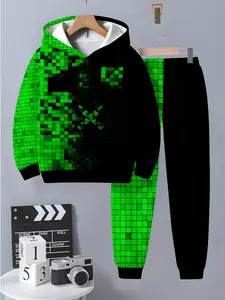 Boys' Fashion Plaid Long Sleeve Pullover Sweater Set, Hoodies Pants, 3D Print Casual for Spring & Fall, Ages 5+, Outdoor Wear