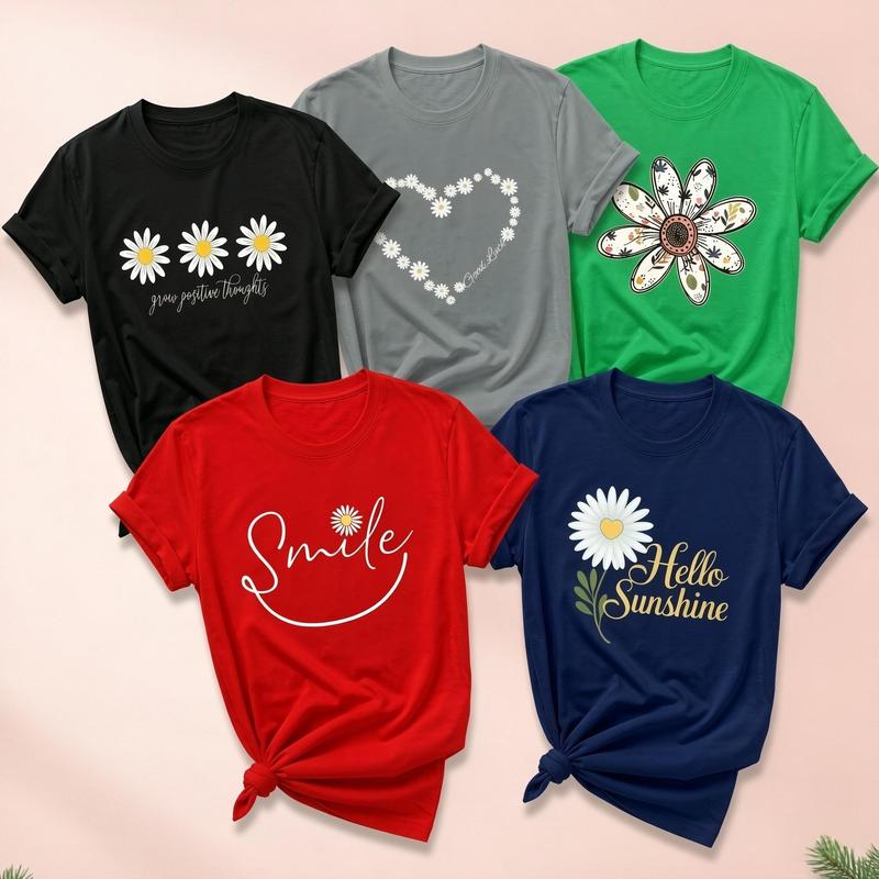 Women's Plus Size Cotton T-Shirts 5-Pack, Lady's Fitted Casual Tees with Daisy Flower, Positive Quote, Smile Graphics - Short Sleeve Crew Neck, Comfortable Beach Tops Bundle Set
