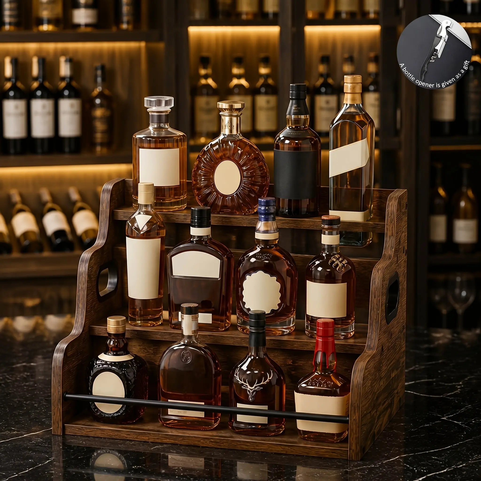 3-Tier Liquor Bottle Display Shelf - Rustic Wood Countertop Liquor Rack, Coffee Syrup Organizer - Step Wine Rack with Guardrails for Home Bar, Kitchen, Office, Free Bottle Opener Included