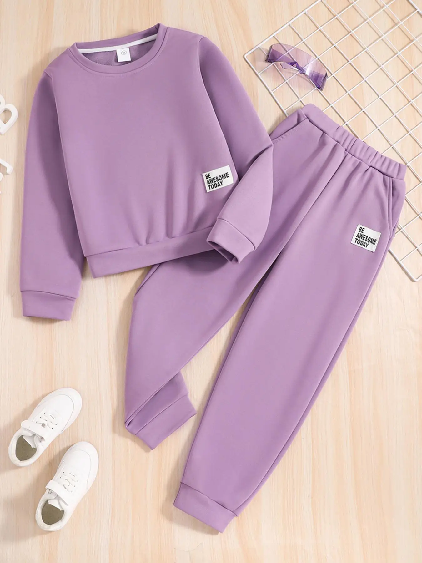 Two-Piece Set Girl's Solid Patched Sweatshirt & Elastic Waist Sweatpants Set, Casual Round Neck Long Sleeve Pullover & Pocket Jogger Pants for Fall &