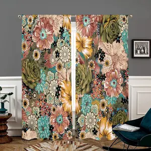 Floral Print Curtain, Grommet Curtains, 2 Counts/set Boho Style Door Curtain, Window Curtain for Home Living Room Bedroom Kitchen Dining Room Decor