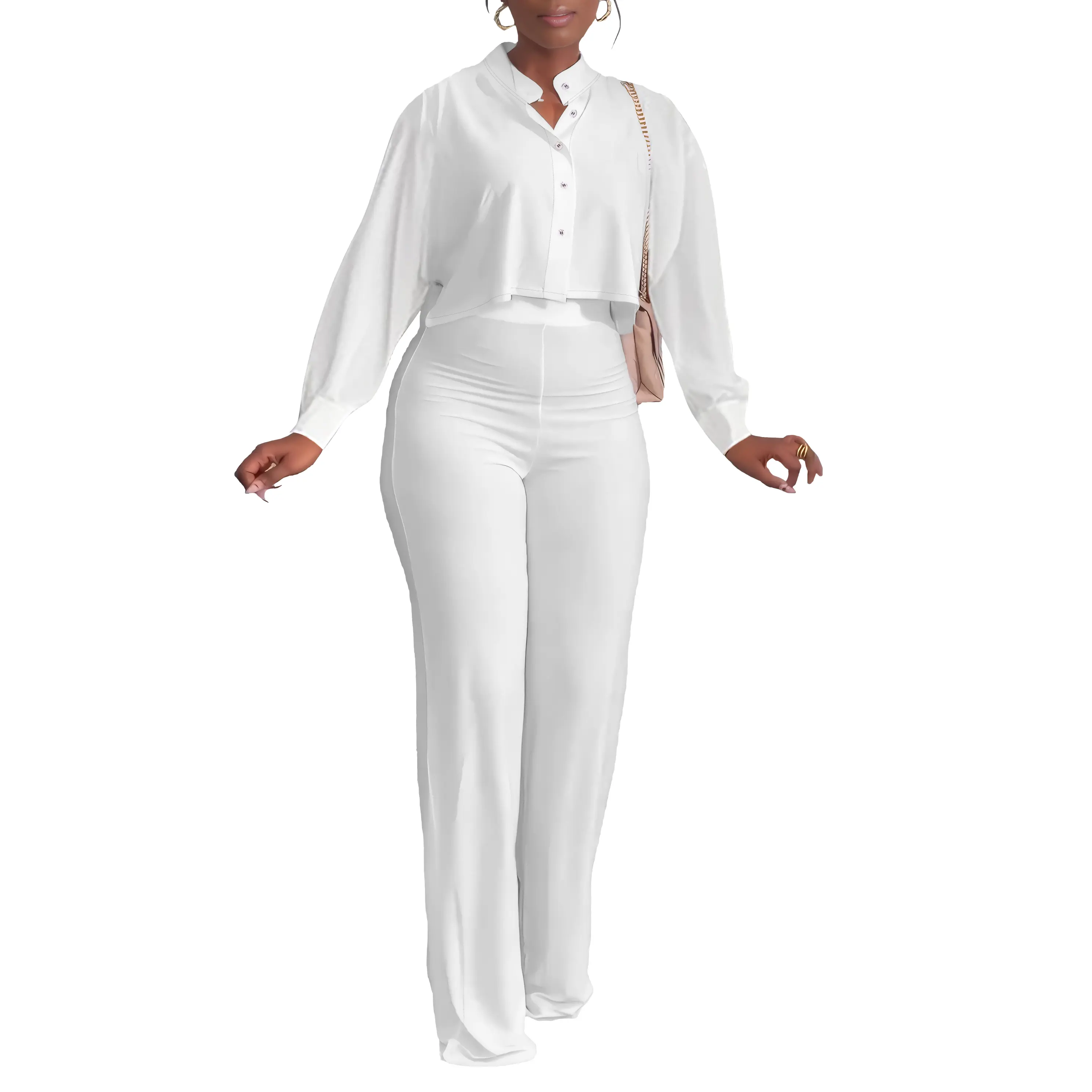 Women's 2 Piece Outfits Casual Tracksuit Long Sleeve Button Down Crop Top Wide Leg Long Pant Lounge Sets