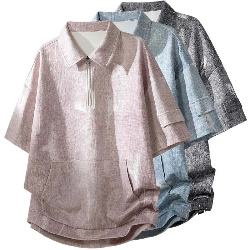Streetwear Men's Polo Shirt, Tie-Dye Half-Zip Distressed Polyester Top, Loose Fit Short Sleeve Casual Menswear, Basic, Distressed Finish