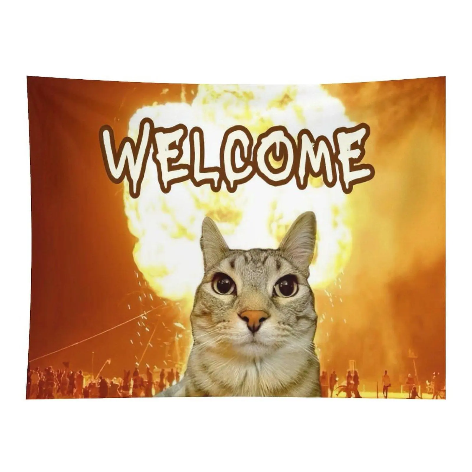 Explosion Orange Smoke Welcome Meme Tabby Cat Wall Tapestry Wall Hanging, Funny Viral Kitten Edgy Cool Aesthetic Decor for Bedroom Dorm Party Wall Ornament