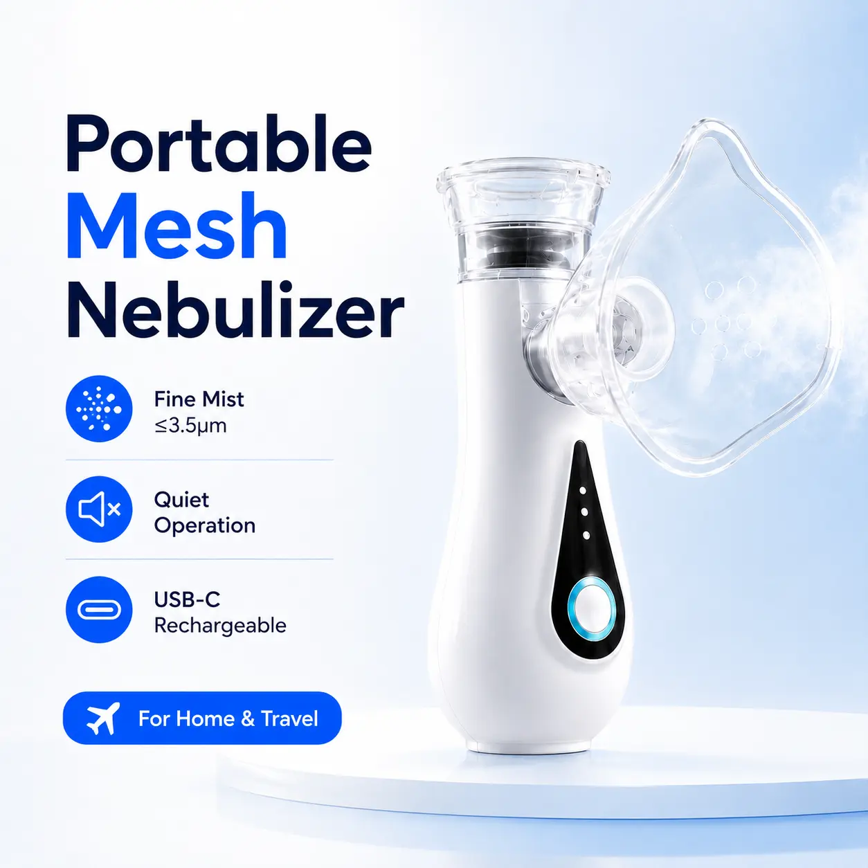 Portable Handheld Mesh Nebulizer, USB Rechargeable Quiet Fine Mist Inhaler with Adult & Kids Masks, Self-Cleaning Mini Atomizer for Home, Travel & Daily Care
