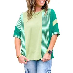Women's Plus Size Green Stripe Patchwork Colorblock T-Shirt - Casual Short Sleeve Top