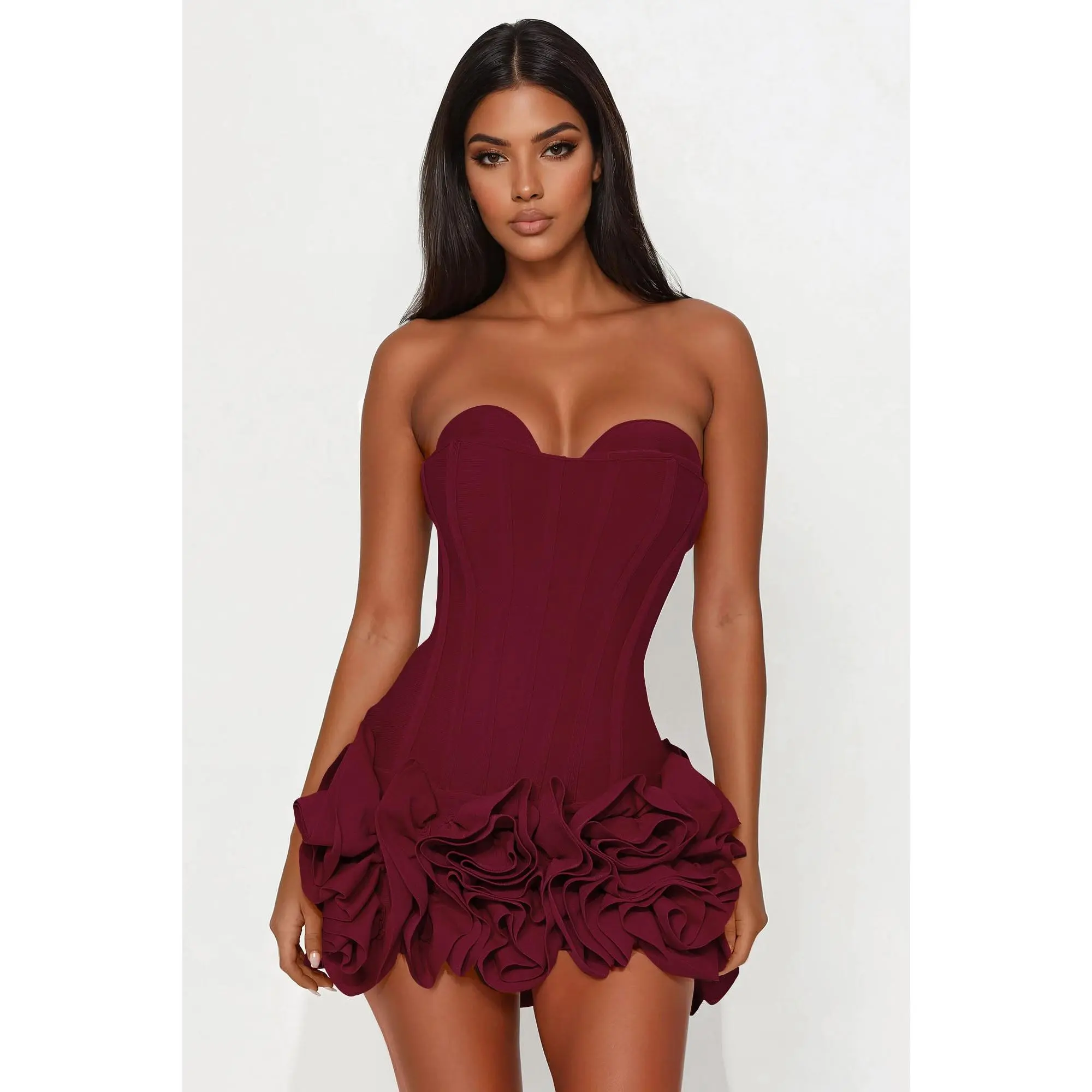 Blessed Beauty Ruffle Rosette Bandage Mini Dress - Wine