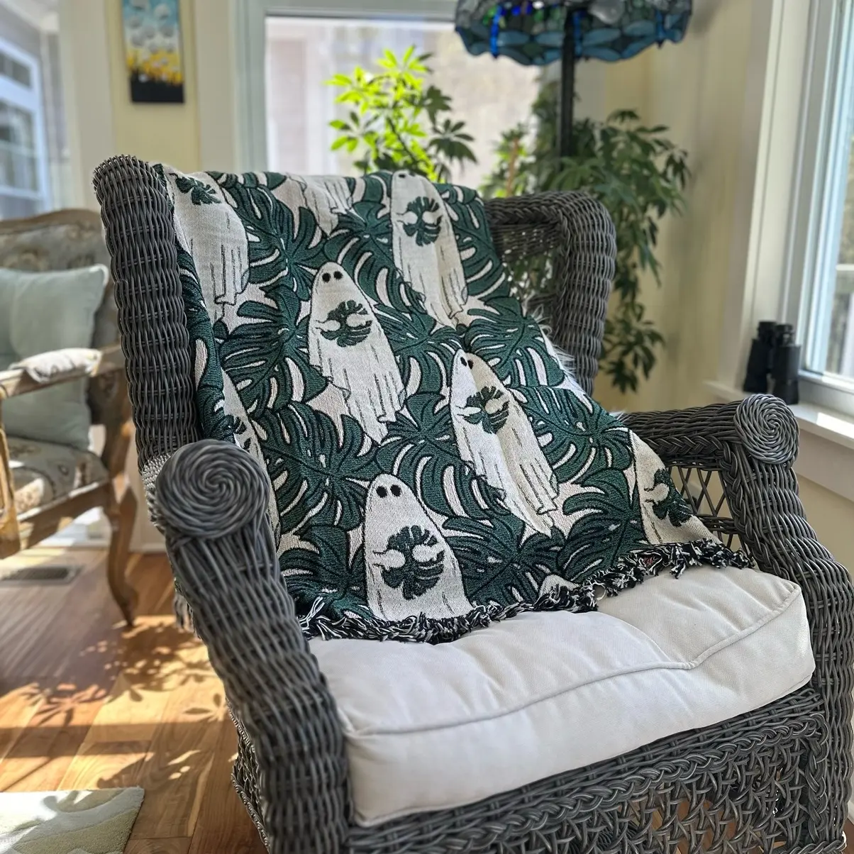 Ghost holding monstera leaf cotton woven blanket 50x60 - TikTok Shop