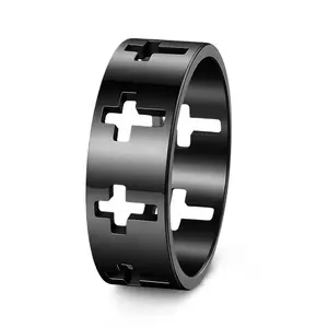 Men's 8mm Polished Stainless Steel Hollow Cross Cutout Band Ring - Hypoallergenic Stainless Steel Jewelry for Him, Easter Religious Accessory