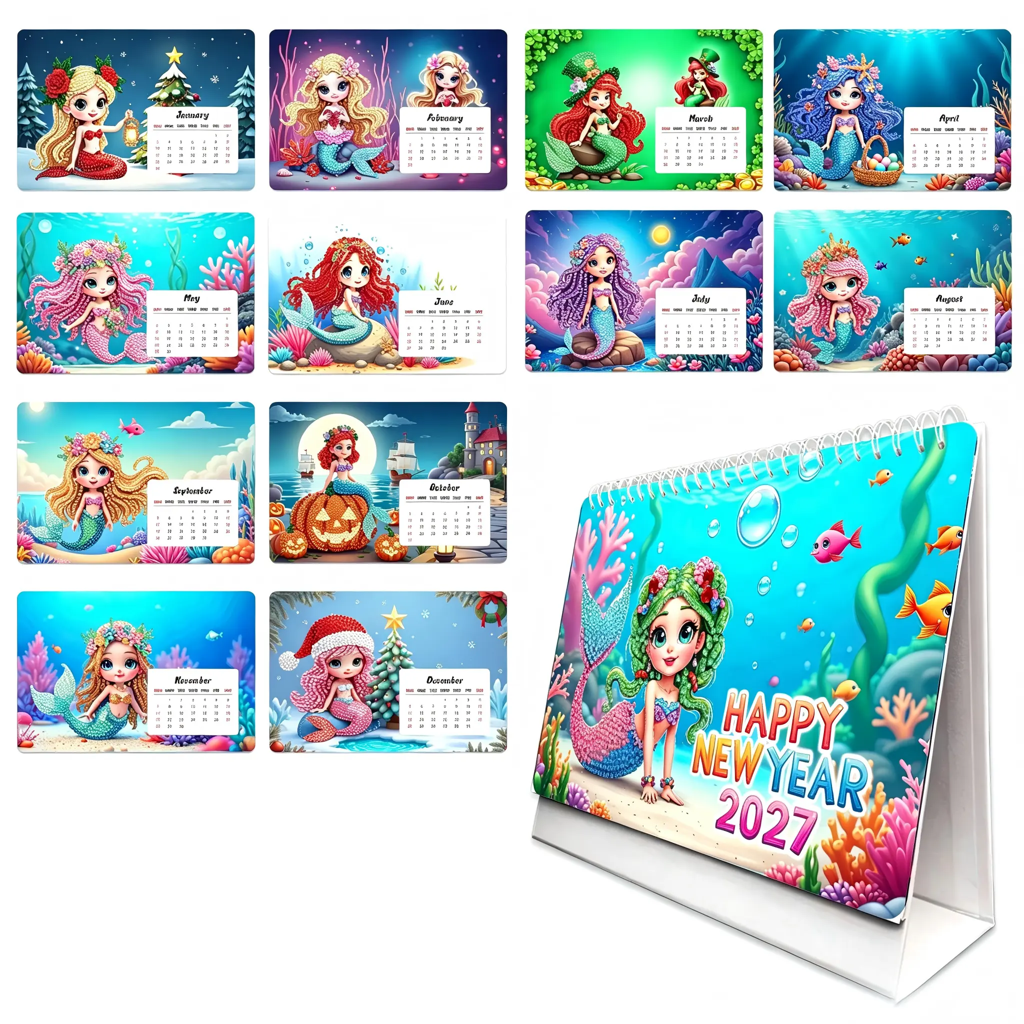 DIY Diamond Painting Desk Calendar 2027, Ocean Themed Stuff, 12 Exclusive Monthly Illustrations (Jan-Dec 2027), Markable Schedule Area, Dual-Use Calendar-Home Ornament, Thoughtful Christmas Gift for Girls and Kids