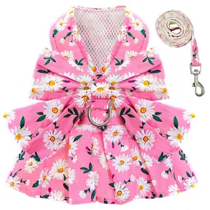 Dog Dress with Bowknot Harness & Leash Set – Floral Princess Outfit for Small Dogs & Cats, Breathable Spring/Summer Pet Clothes