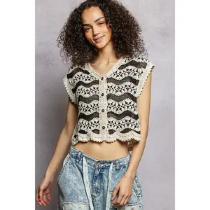 POL Crochet Button-Down Vest with Scalloped Edges