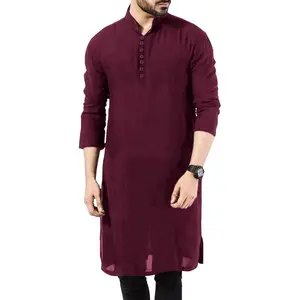 PASLTER Mens Abaya Thobe Arabic Longline T Shirts Henley Kaftan Banded Collar Plain Gown Shirts1 Traditional Wear Straight Kurta(Sheets)