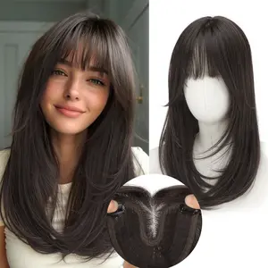 ONLYCUTE Hair Topper with Bangs 18 inch Synthetic Slightly layered Hair Piece No Wig Cap Required Large Hair Piece Natural Invisible hair toppers for Women