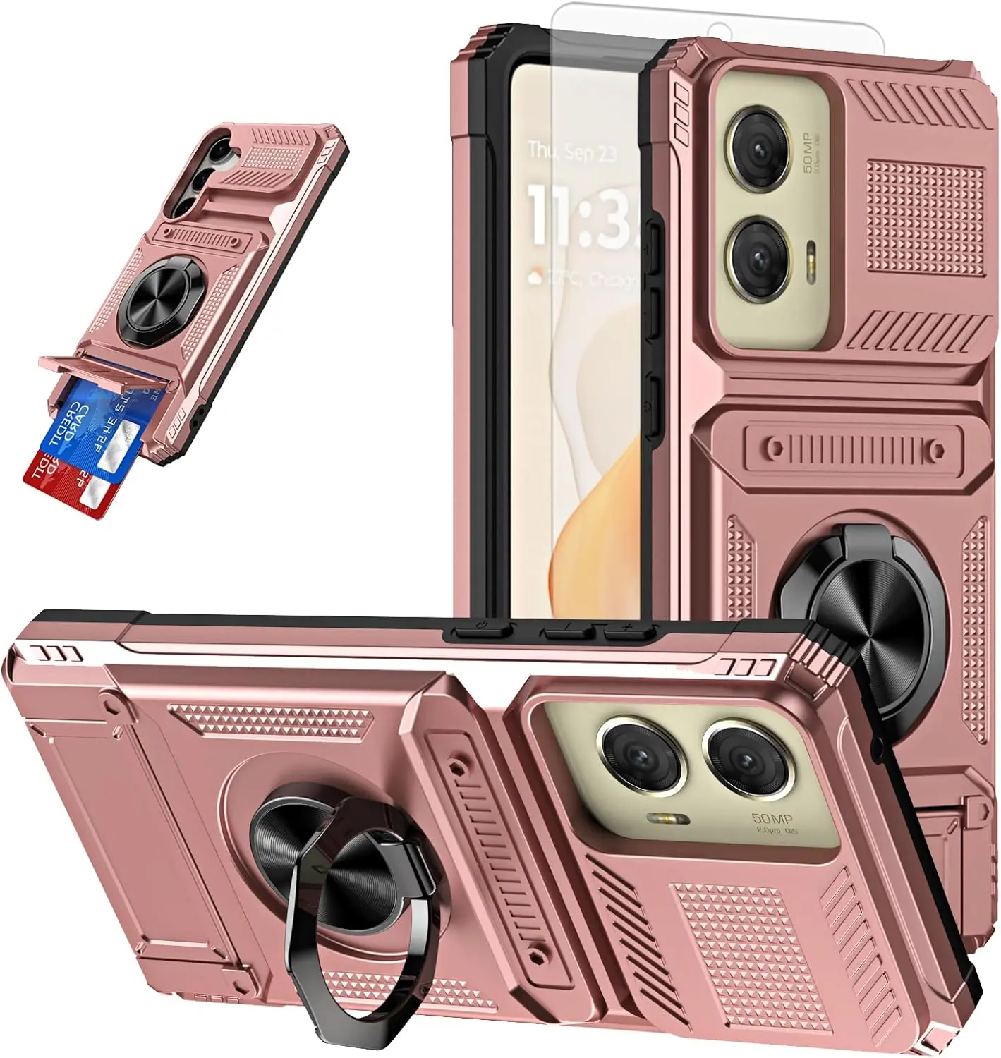 Phone Case for   G Stylus 5G 2024 with Tempered Glass Screen Protector Card Slot  Ring Stand Shockproof Soft  Bumper Hybrid Two Layer Defender for G5 Women Rose