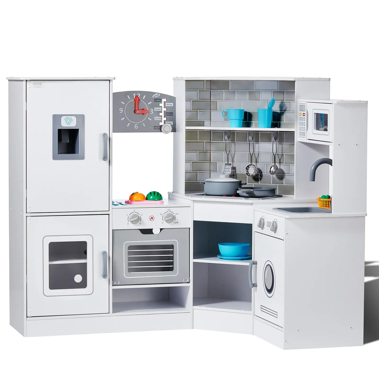 VEVOR Nontoxic Safe Wooden Pretend Kitchen Playset, Miniature Cooking Set for 4-6 Years Kids with 24 Rich Accessories (Frying Pan, Stew Pot, Cutting Board, Water Cup, Stainless Utensils) - White, Father’s Day/Christmas Gift for Cooking Fun