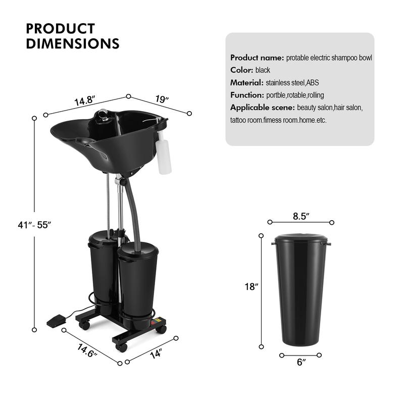 Portable Adjustable Shampoo Bowl with Electric Pump Hair Washing Station Includes 2 Buckets Drain Hoses High-Pressure Sprayer Foot Pedal Switch