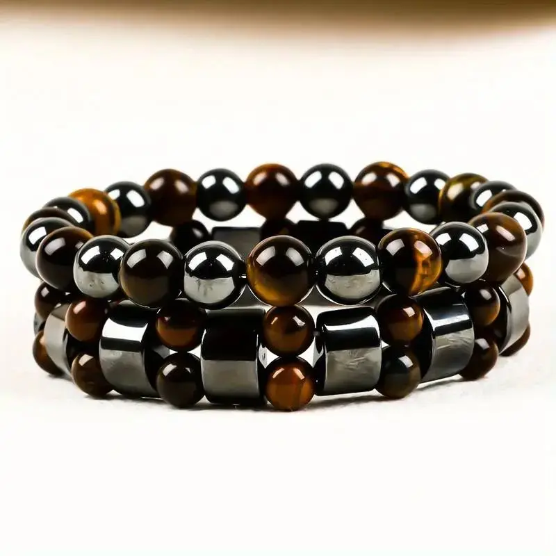 Tiger Eye & Polished Obsidian Bracelets, 2-Piece Handmade Set for Double Protection, Natural Stone Bangles to Attract Wealth and Prosperity, Natural Stone Bracelets & Bangles, Polished Obsidian Bracelets & Bangles