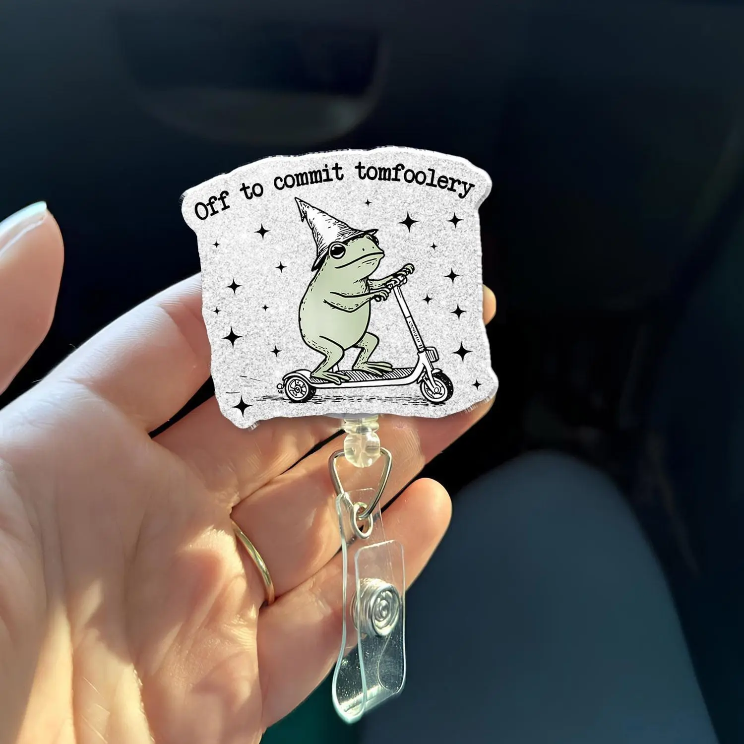 Funny Frog Badge Reel | Off to Commit Tomfoolery ID Holder | Cute Scooter Frog Badge Clip | Nurse Teacher Office Badge | Frog Lover Gift