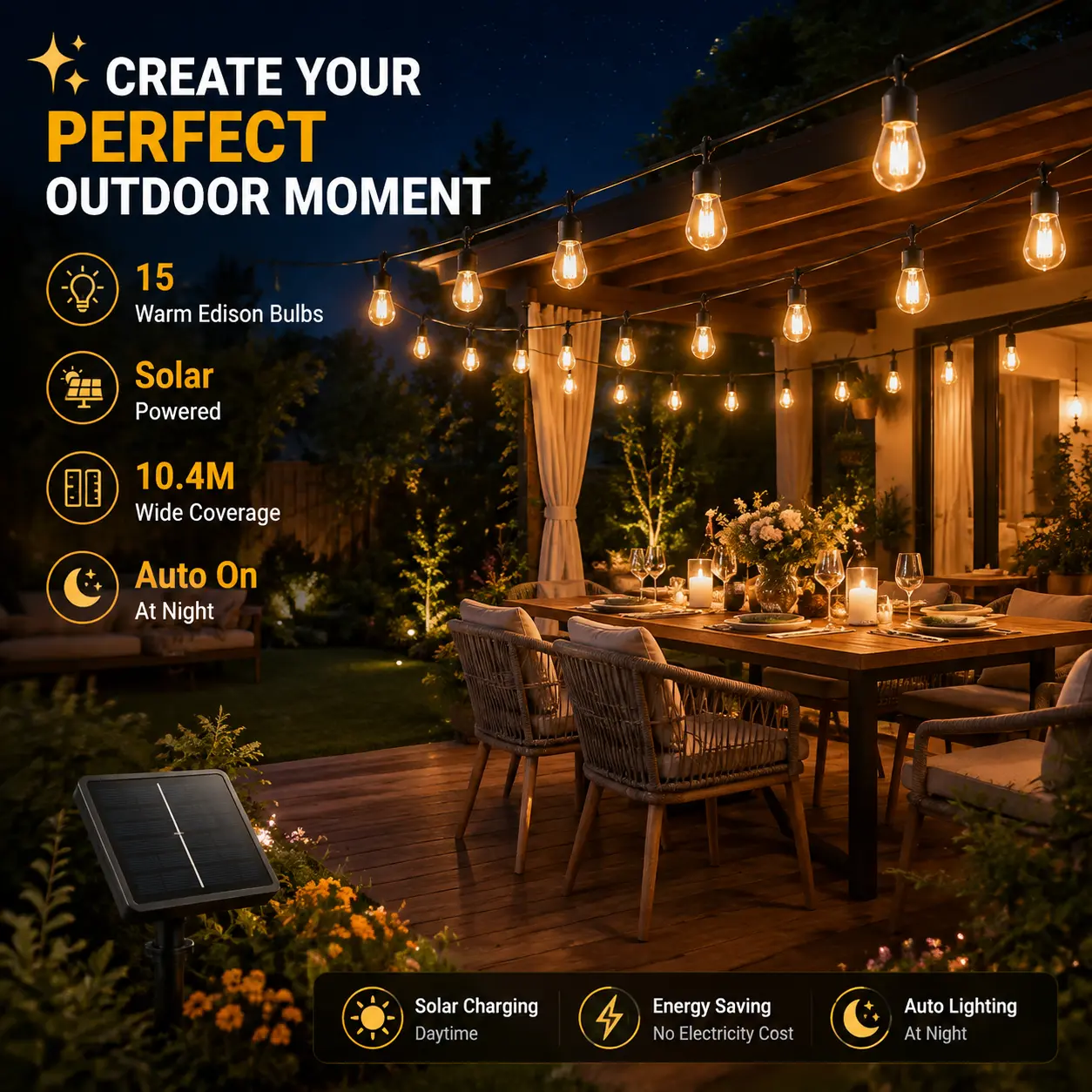 Solar String Lights Outdoor Waterproof, Vintage Edison ST38 Bulb Solar Powered Patio Lights, Dusk to Dawn Garden Lights for Backyard Party Wedding Decor