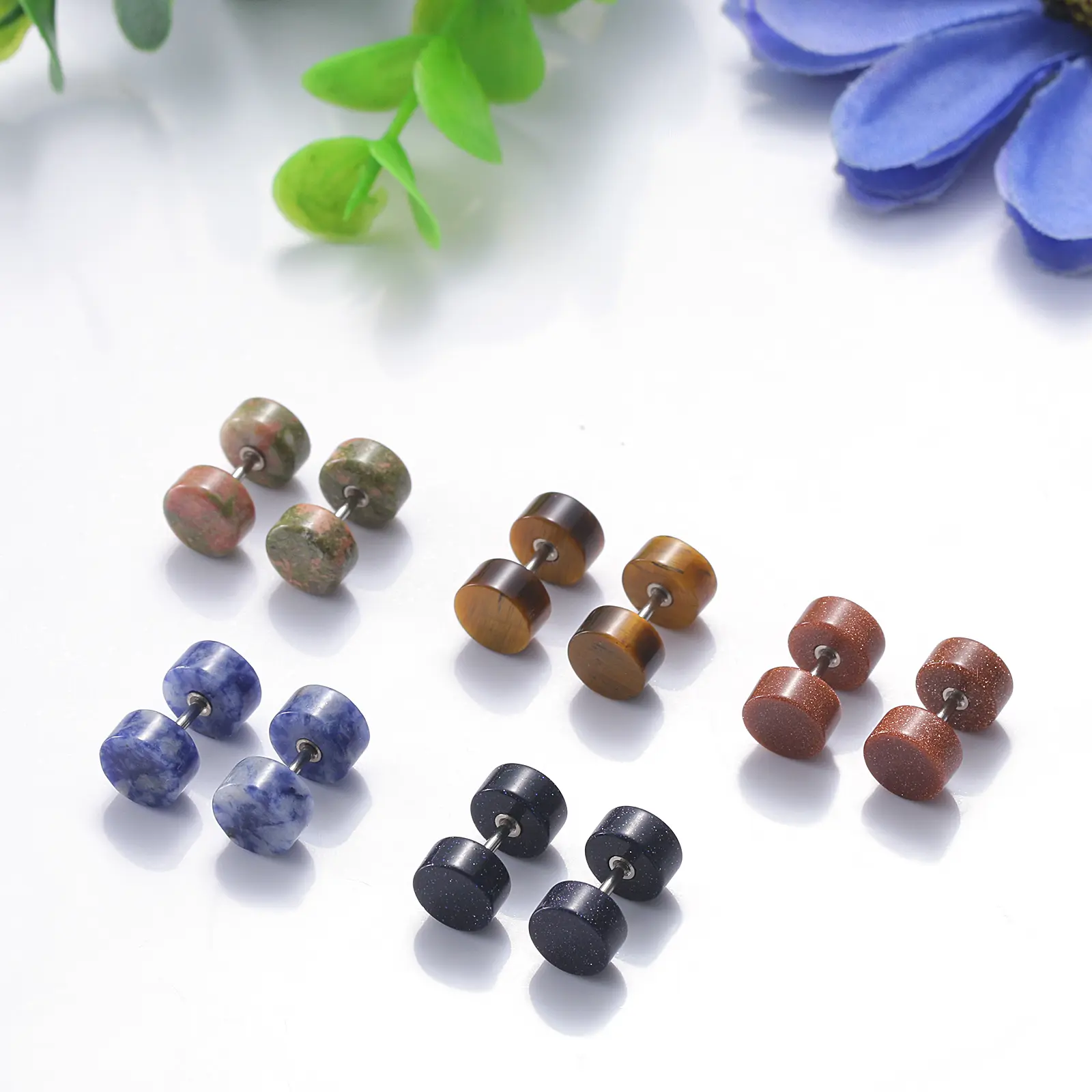 OIDEA Vintage Stone Dumbbell Stud Earrings for Men and Women, Stainless Steel Fake Plug Gauge Cheater Stud Earrings, Illusion Tunnel Studs
