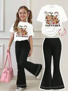 Girls' Casual Loose Fit Capybara Print Short Sleeve T-Shirt and Bell Bottom Pants Set, Perfect for Summer Wear, Stylish Two-Piece, Cute Clothing Set