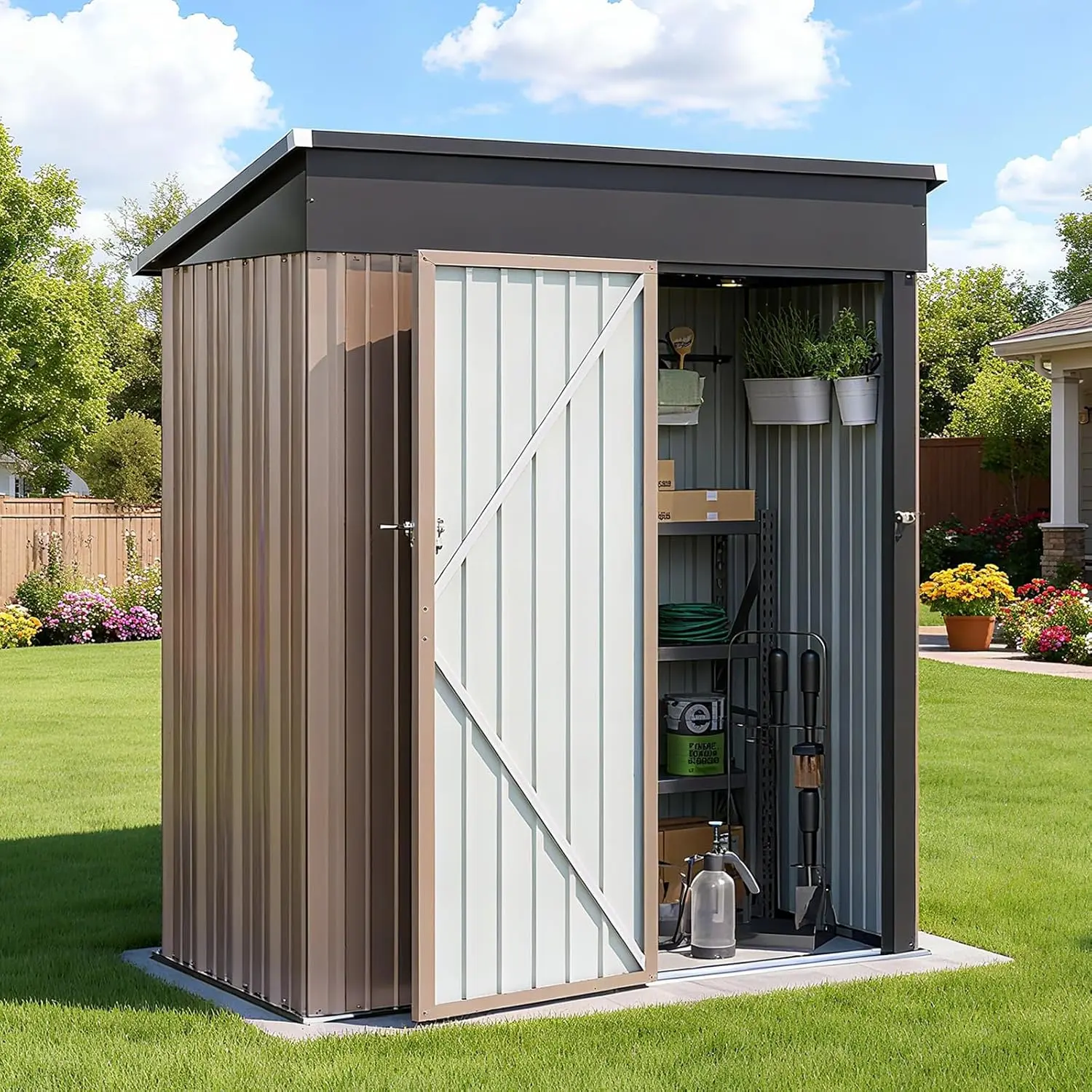 Aoxun Outdoor Storage Shed Metal Garden Tool Shed with Sloping Roof & Lockable Door Brown for Secure Storage Aoxun Outdoor Storage Shed Metal Garden Tool Shed with Sloping Roof & Lockable Door Brown for Secure Storage