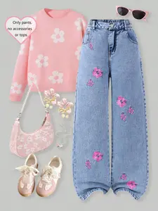 Fashion Girls Wide Leg Jeans, Classic Straight Fit, Embroidered Floral Details, Modern and Vintage Blend, Casual Denim Jeans, Floral Pants