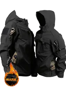 Men's Hooded Fleece Jacket, Outdoor Sports Top, Insulated Warm Windbreaker, Sharkskin Soft Shell, Zipper Multi-Pocket Workwear