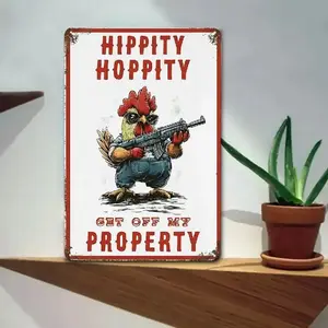 Humorous "Hippity Hoppity Get Off My Property" Metal Tin Sign - Retro Bohemian Iron Wall Art with Cartoon Rooster Design, 8x12 Inch Rustic Home Decor for Bedroom, Bar, Garage, Cafe - No Electricity Needed Hand