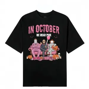 Women'S Halloween Graphic T-Shirt in October We Wear Pink Lettering with Ghosts Pumpkins Candy Design Hot Topic Tee Halloween Party Horror Movie Character Cute Design Women Tops