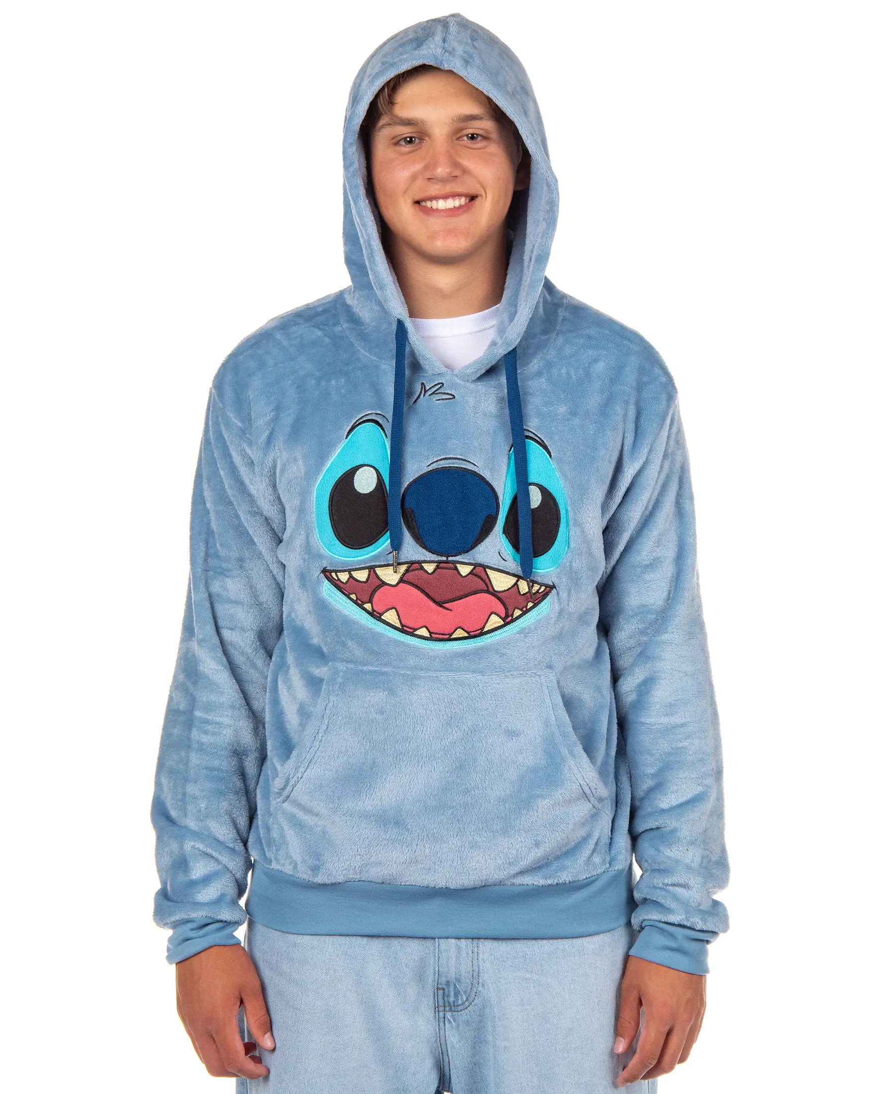 Men's Disney Stitch Big Face Hoodie - Crushed Velvet Fleece, Smooth Plush Fabric Menswear Tops Adult Sweatshirt, Oversized, Graphic, Relaxed Fit