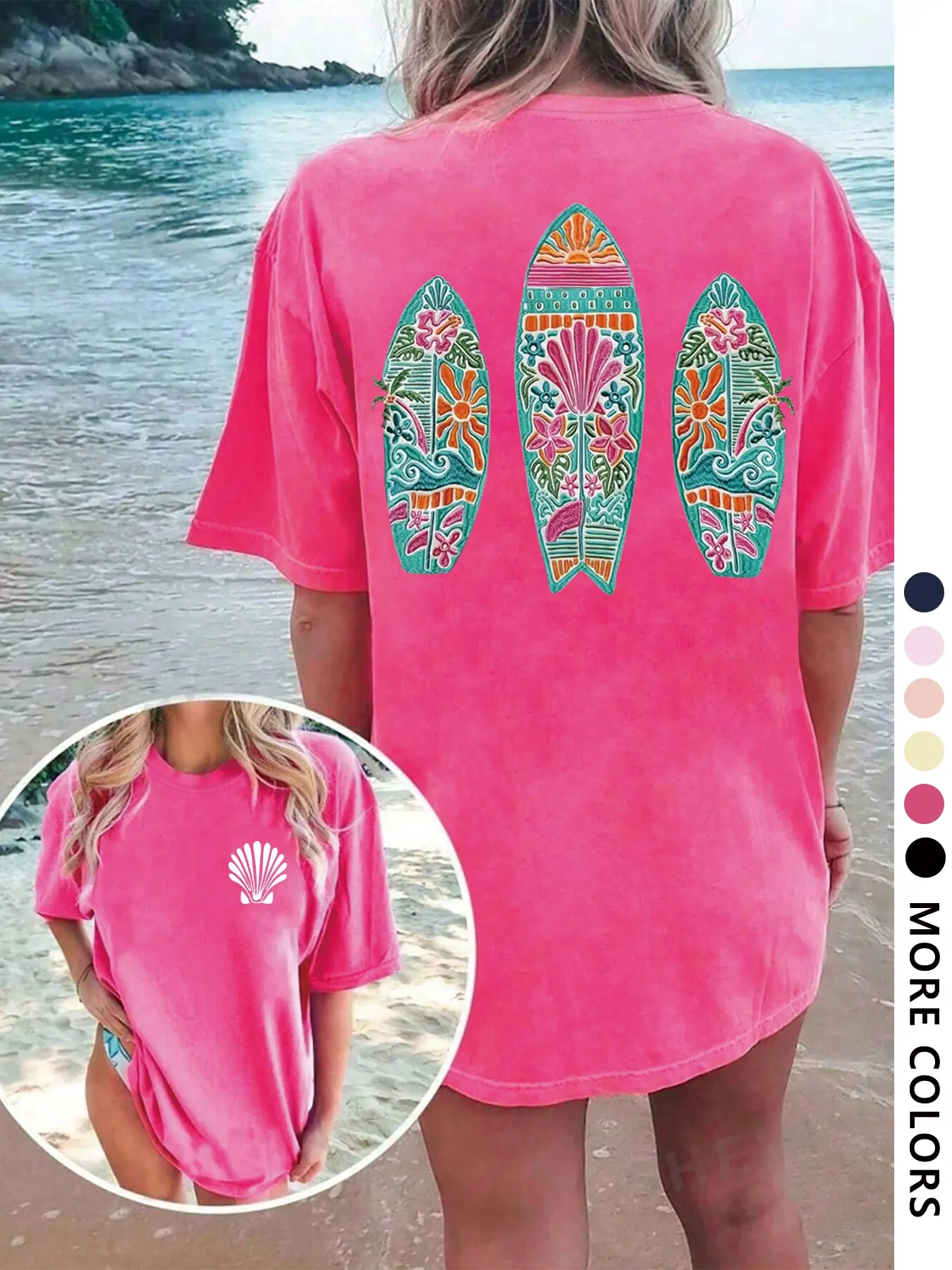Women's Cartoon Surfboard & Shell Print Round Neck Tee, Casual Holiday Style Short Sleeve Crewneck T-shirt for Beach Vacation, Ladies Clothes for All Seasons, Top, Casual Everyday Wear, Summer