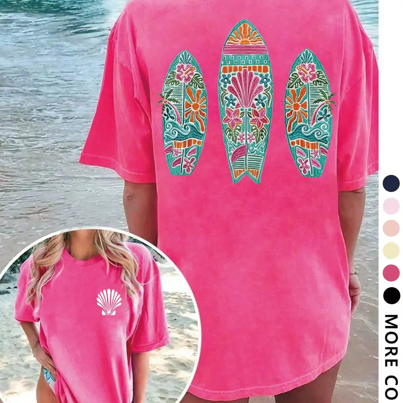 Women's Cartoon Surfboard & Shell Print Round Neck Tee, Casual Holiday Style Short Sleeve Crewneck T-shirt for Beach Vacation, Ladies Clothes for All Seasons, Top, Casual Everyday Wear, Summer, Casual Summer Fashion