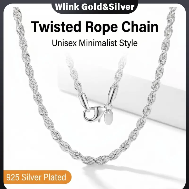 925 Silver Plated Twisted Rope Chain Style Necklace, Minimalist Unisex Smooth High-Gloss Skin-Friendly Piece with Secure Lobster Clasp, 19.69/23.62 in Layering Daily Hip Hop Jewelry Gift for Necklaces for Women, Chain Style Necklaces
