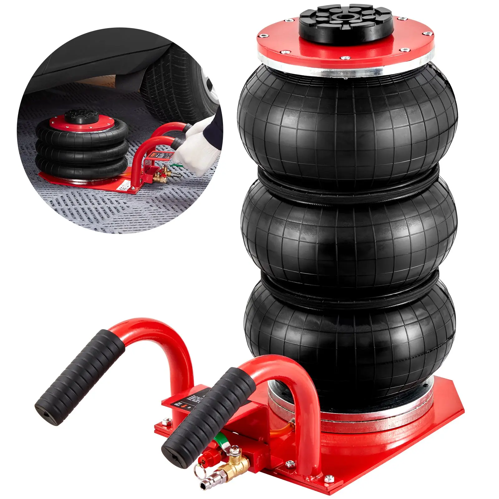【Summerfinds】VEVOR Air Jack, 3 Ton/6600 lbs Triple Bag Air Jack, Airbag Jack with Six Steel Pipes, Lift up to 17.7 inch/450 mm, 3-5 s Fast Lifting Pneumatic Jack, with Side Handles for Car, Garage, Repair (Red)