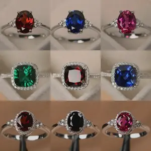 Women's silver-plated rings with Ruby, Emerald, and Sapphire stones, wholesale wedding/engagement jewelry, best-selling fashion accessories.