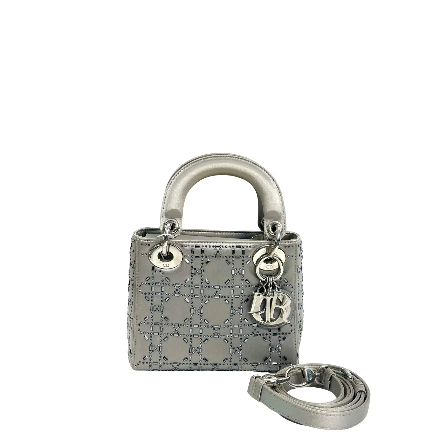 Pre-owned stain silk handle bag Christian Dior Lady Dior Mini Studded Cannage Leather Bag in Metallic Silver