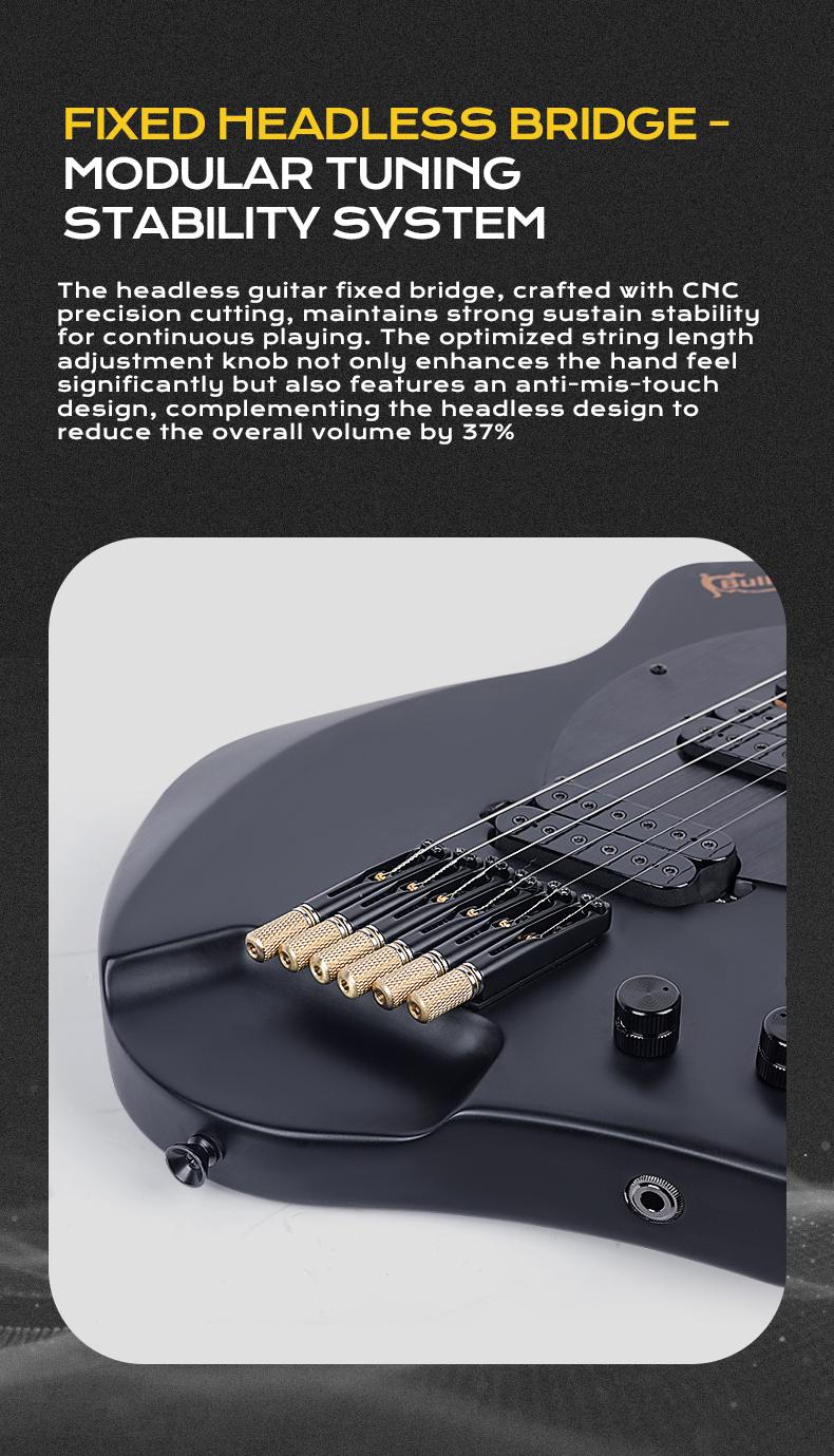 Bullfighter D350 Headless Electric Guitar – 24 Fanned Multi-Scale, Kill Switch Button for Stutter Effects, Pull-Push Coil Split, Lightweight Okoume Body – Modern Ergonomic Design for Technical Players