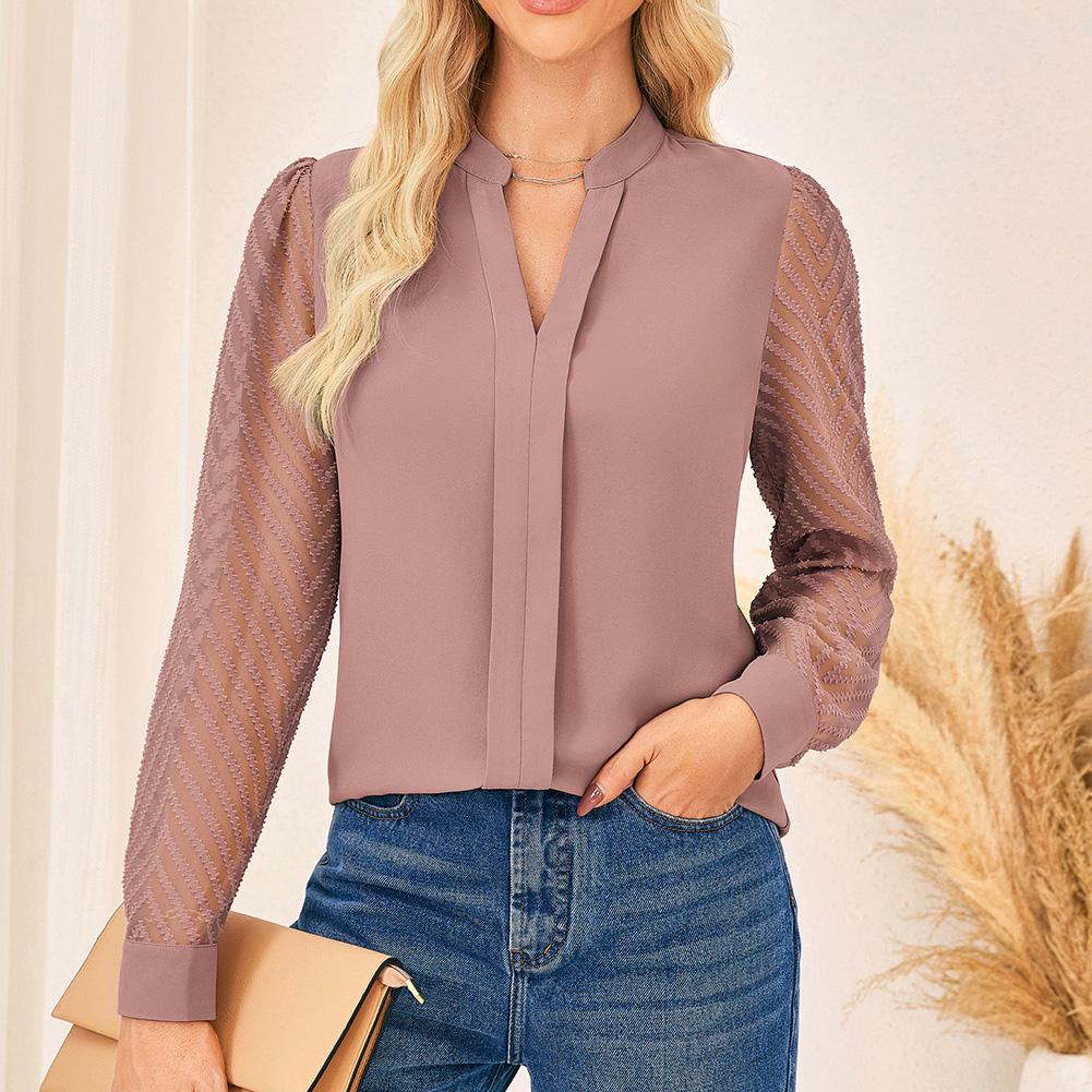 Grace Karin Women Business Casual Tops Sheer Lace Long Sleeve Blouses Work Office Pleated V Neck Shirt Fall Formal Outfits