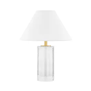 Mandy Table Lamp With Clear-Blown Glass Base And Aged Brass Neck, White Linen Shade