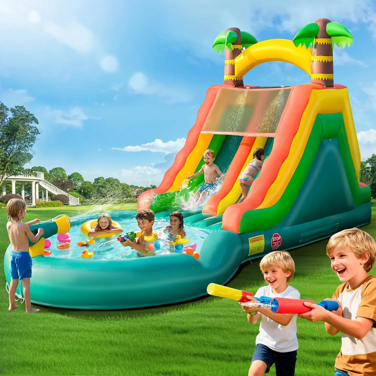 23FT Commercial Water Slide Inflatable for Kids Adults, Outdoor Backyard | Dual Lane Water Slide with Pool & Climbing Area, Heavy Duty PVC Waterslide with 950W Blower Entertainment