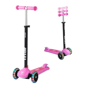 VEVOR S789 3-Wheel Kids Kick Scooter (Ages 3+), Adjustable Bar, Light-Up Wheels, Wide Anti-Slip Deck, Lightweight Aluminum Frame, Smooth Glide, Lean Turn, for Boys & Girls Up to 165 lbs, Pink, Leans Turn