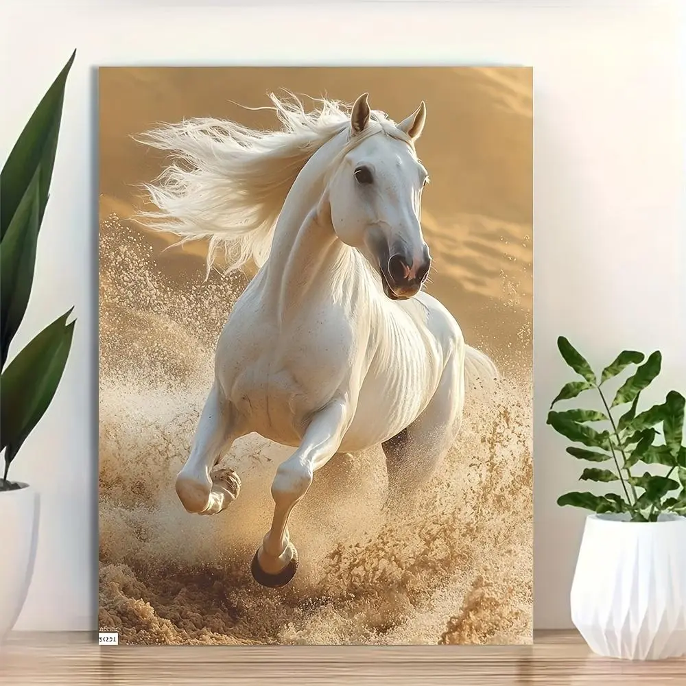 1pc Framed Canvas Wall Art - 12x16 Inch White Arabian Horse Galloping on Sandy Beach, Modern Equestrian Decor with Vibrant Colors & Dynamic Motion, Ready-to-Hang Home Decor for Living Room, Bedroom, Office, Horse Decor, Detailed Muscle Texture, 2D Flat	