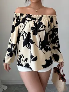 Women's Ink Print Floral One Shoulder Long Sleeve Blouse Top, Elastic Off-Shoulder Neckline, Loose Drape Fabric, Casual Spring Fall Fashion