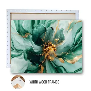 1pcs FRAMED Modern Abstract Emerald Green Gold Foil Floral Canvas Wall Art with Solid Wood Frame Living RoomDecorative Painting High-Definition Print Luxury Home Wall Artwork Size Optional Home Decor